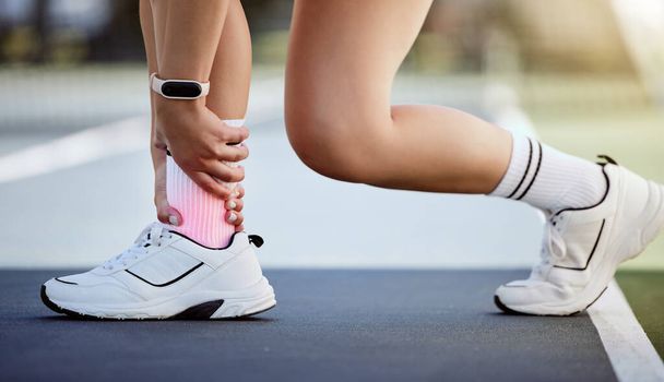Woman, ankle pain and fitness injury during healthy fitness workout or sport lifestyle training in park. Medical emergency, running accident and girl hurt muscle or inflamation in cardio exercise. - Photo, image