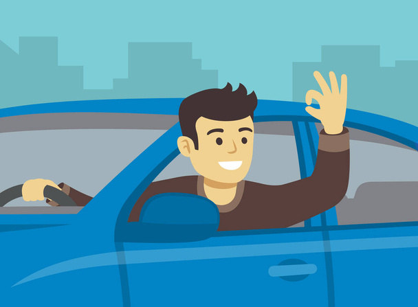 Молодий водій витріщається з вікна автомобіля. Щасливий чоловік сидить у машині на місці водія і показує жест "ОК". Шаблон плоскої векторної ілюстрації
. - Вектор, зображення