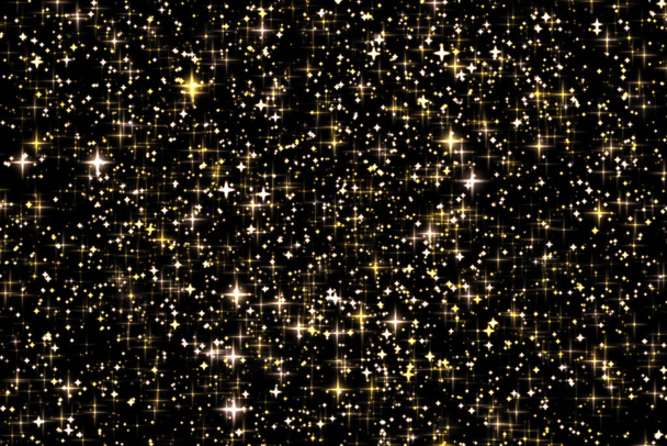 Золотой праздничный блеск и сверкающее наложение, звезды и волшебная светящаяся текстура на черном фоне, частицы пыли золотой звезды для роскошных и гламурных дизайнов - Фото, изображение