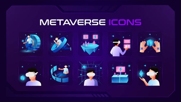 Набор иконок Metaverse с AR, Мбаппе, MR Gaming, NFT, Cryptocurrency и Futuristic Cyber, а также концепция векторного трехмерного дизайна иконок Metaverse - Вектор,изображение