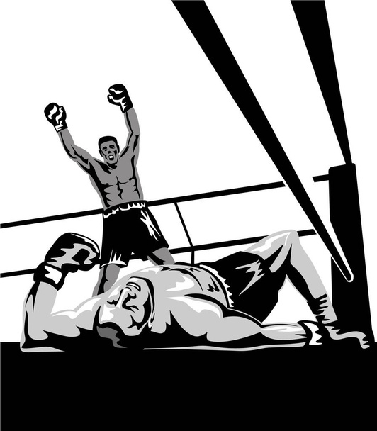 Illustratie van een bokser ter ere van de overwinning knock-out met prijsvechter op het doek gezien vanuit een lage hoek op geïsoleerde achtergrond gedaan in retro houtsnede stijl - Vector, afbeelding