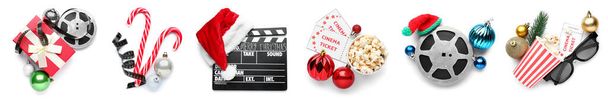 Collage of Christmas decorations with cinema tickets, movie clapper, popcorn and film reels on white background - Photo, Image