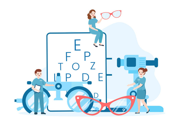Loja de óculos de olho ou loja óptica com acessórios, óptico, visão de verificação e óculos em desenhos animados planos Modelos desenhados à mão Ilustração - Vetor, Imagem
