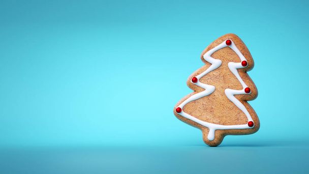 3d render, fir tree shape gingerbread cookie. Baked biscuit decorated with icing. Traditional Christmas food clip art isolated on blue background - Foto, afbeelding