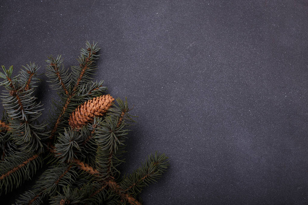 Blue fir tree branch with big cone on grey wooden background. Merry Christmas blank card, advertisement template, copy space - Foto, Bild