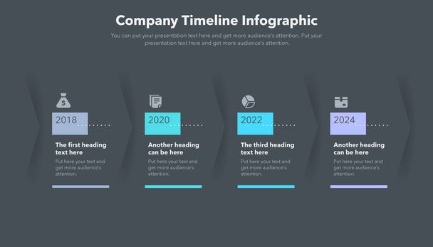 Business infographics neljä vaihetta yrityksen virstanpylväitä - tumma versio. Tasainen infografinen muotoilu minimalistisilla kuvakkeilla. - Vektori, kuva