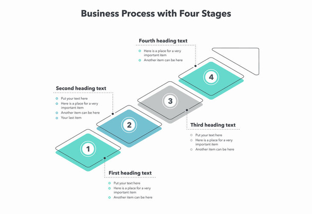 Nowoczesny szablon procesów biznesowych z czterema kolorowymi etapami. Płaska infografika. - Wektor, obraz