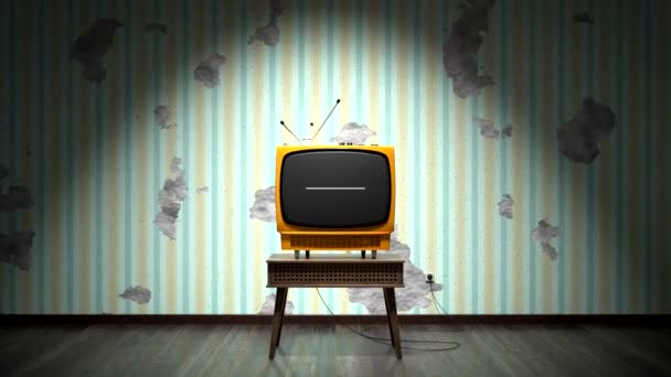 Retro TV ontvanger met groen scherm op een tafel, behang met strepen op gebarsten muur op achtergrond - 3D 4k animatie (3840x2160 px). - Video