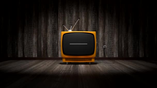 Retro TV ontvanger met groen scherm, houten bureaus op vloer en muur - 3D 4k animatie (3840x2160 px). - Video