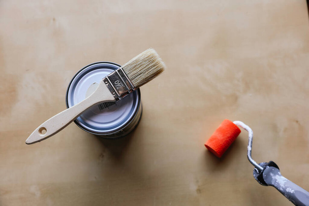 Paint set with paint can, brush and roller. Copyspace - Photo, Image