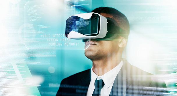 Futuristic businessman, vr and data hologram, innovation and technology in virtual cyber security office. Augmented reality, digital transformation and future vision, man in virtual reality headset - Foto, Bild