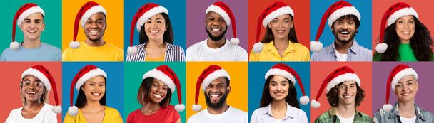 Концепція різдвяних людей. Веселі багатоетнічні чоловіки і жінки різного віку в червоних капелюхах Санти посміхаються на камеру. Справжні люди стикаються з барвистим студійним фоном, набором фотографій, колажем
 - Фото, зображення
