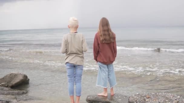 Uitzicht van achteren, mooie tienerkinderen kijken naar de bewolkte lucht op de zee. - Video