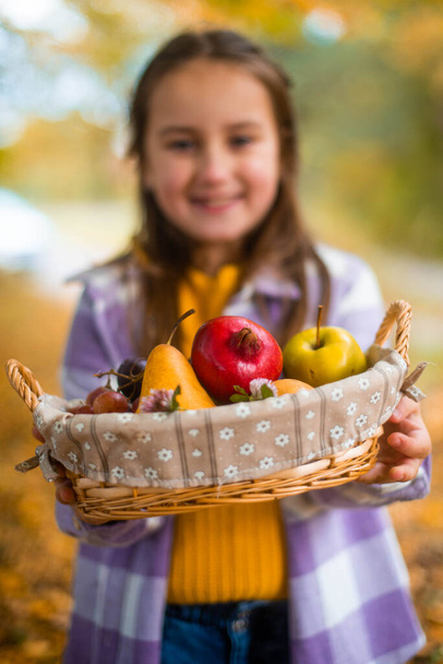 Little girl with a smile on her face holding a basket of fruits in her hands. It's autumn time - Foto, Imagen