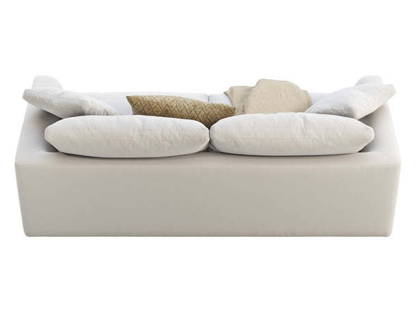 Σύγχρονος τριθέσιος υφασμάτινος καναπές. Λευκή υφασμάτινη ταπετσαρία καναπέ με μαξιλάρια και καρό σε λευκό φόντο. Μεσαίωνας, Chalet, Σκανδιναβικό εσωτερικό. 3d απόδοση - Φωτογραφία, εικόνα