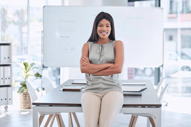 Corporate, smile and black woman with pride for job in management at a startup marketing company. Happy, executive and portrait of a business woman with arms crossed for success, trust and business. - Photo, Image