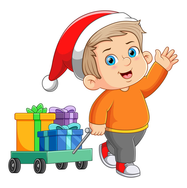 The cute boy is waving and showing a lot of gift on the cart of illustration - Vector, afbeelding