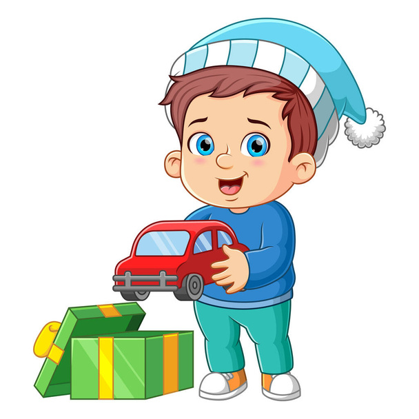 The boy is having a new car toy from the santa gift of illustration - Vector, afbeelding