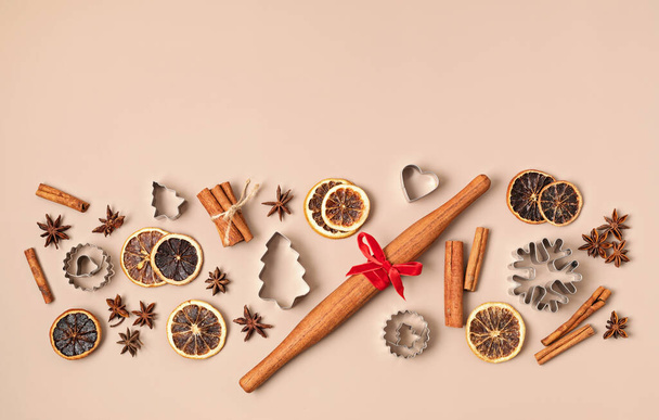 Christmas cookie baking background. Festive cooking, xmas homemade biscuits, recipes for holidays concept - Zdjęcie, obraz