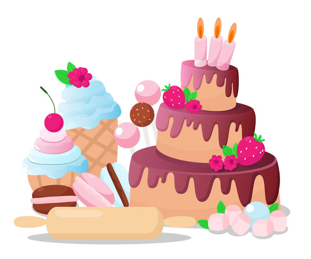 Σύνολο από γλυκά κέικ, μακαρόν, marshmallow, παγωτό, μάφιν με κρέμα γάλακτος, φρούτα, γλειφιτζούρια και καραμέλα ποπ και ρόκερ απομονώνονται σε λευκό φόντο σε στυλ κινουμένων σχεδίων. - Διάνυσμα, εικόνα