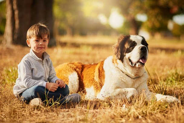Me and my constant companion. Portrait of a cute little boy sitting on the grass outside with his dog - Foto, Imagen
