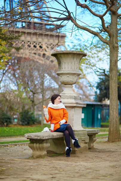 Woman having a picnic near the Eiffel tower - Фото, зображення