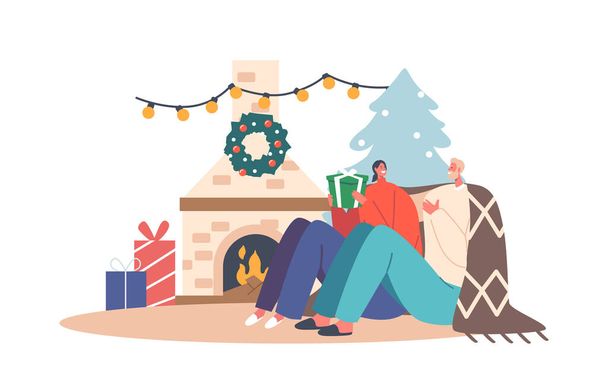 Happy Couple Homme et femme dans des pulls chaleureux et à carreaux assis à la chambre avec cheminée échange cadeaux pour les vacances de Noël, jeune famille Noël temps libre à la maison. Illustration vectorielle de bande dessinée - Vecteur, image
