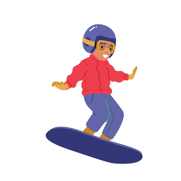Niño pequeño snowboarder carácter saltar sobre snowboard aislado sobre fondo blanco. Snowboard Actividades Deportivas de Invierno para Niños, Clases Deportivas para Niños. Dibujos animados Gente Vector Ilustración - Vector, imagen