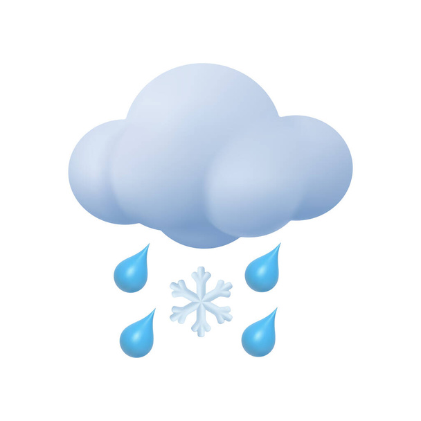 Deszcz i śnieg, prognoza pogody. Izolowana ikona warunków pogodowych. Chmura z płatkami śniegu i kroplą deszczu. Wektor w trójwymiarowym 3D, realistyczny styl - Wektor, obraz