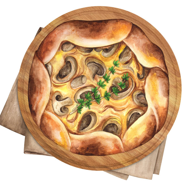 Galette with ricotta and mushrooms. Homemade cake with mushrooms, served on a wooden board. Watercolor hand drawn illustration. Suitable for menu and cookbook. Top view.   - Fotó, kép