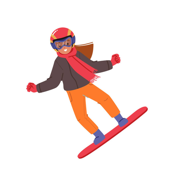 小さな女の子スノーボーダーキャラクター白い背景に隔離されたスノーボードでジャンプします。子供のためのスノーボードウィンタースポーツアクティビティ、子供のためのスポーツクラス。漫画人ベクトルイラスト - ベクター画像