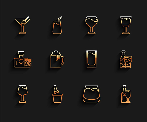 Set line Wine glass, Champagne an ice bucket, Martini, Glass of whiskey, bottle and, Wooden beer mug, Beer and Shot icon. Vector - Διάνυσμα, εικόνα