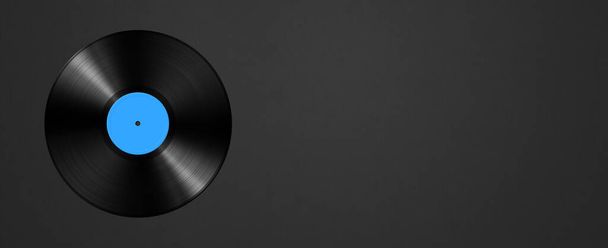 Blue vinyl record isolated on black background. Horizontal banner. 3D illustration - Fotó, kép