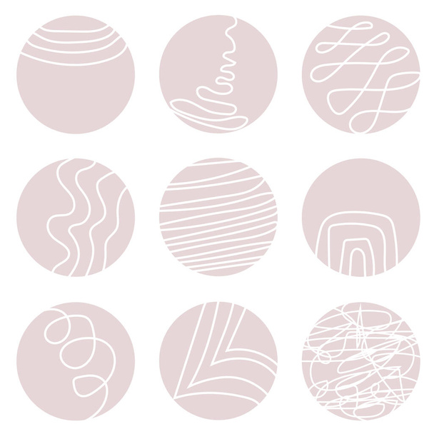 Round icons with abstract lines, shapes, doodles for highlighting stories, social networks, for bloggers, photographers, for highlighting covers.Aesthetic background, modern fashion blog and  stories - Vector, Image