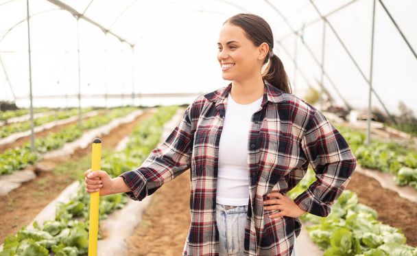 温室で持続可能な健康的な食品の成長のための庭で働く幸せな女性、持続可能性と農家。屋外の土地で有機野菜を栽培する農業、園芸、女性労働者. - 写真・画像