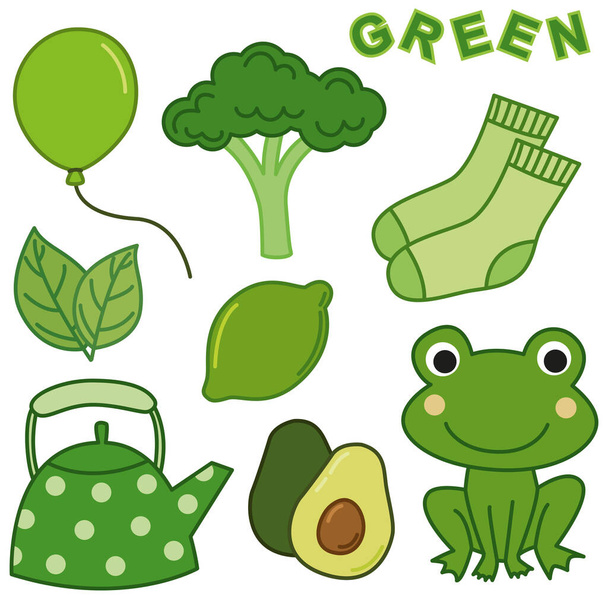 Aprendiendo colores. Tarjeta de color verde para niños con diferentes imágenes verdes. - Vector, Imagen