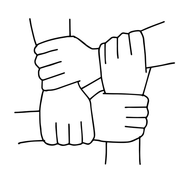Cuatro manos juntas concepto de trabajo en equipo unido teamleading Brazo entrelazado entre sí en la muñeca colaboración conjunta. equipo internacional de apoyo - Vector, imagen