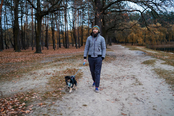 Бородатий чоловік у смішному капелюсі на осінній прогулянці з собакою у вечірньому лісі
. - Фото, зображення