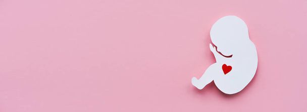 Papier silhouet van een menselijk embryo met een rood hart op een roze achtergrond. Platte lay, Banner, plaats voor tekst. - Foto, afbeelding
