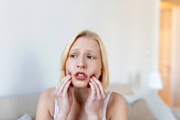 Tooth Pain. Woman Feeling Tooth Pain. Closeup Of Beautiful Sad Girl Suffering From Strong Tooth Pain. Attractive Female Feeling Painful Toothache. Dental Health And Care Concept. - Photo, Image