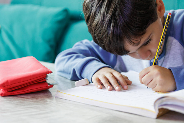 Boy doing homework at home, horizontal - Fotó, kép