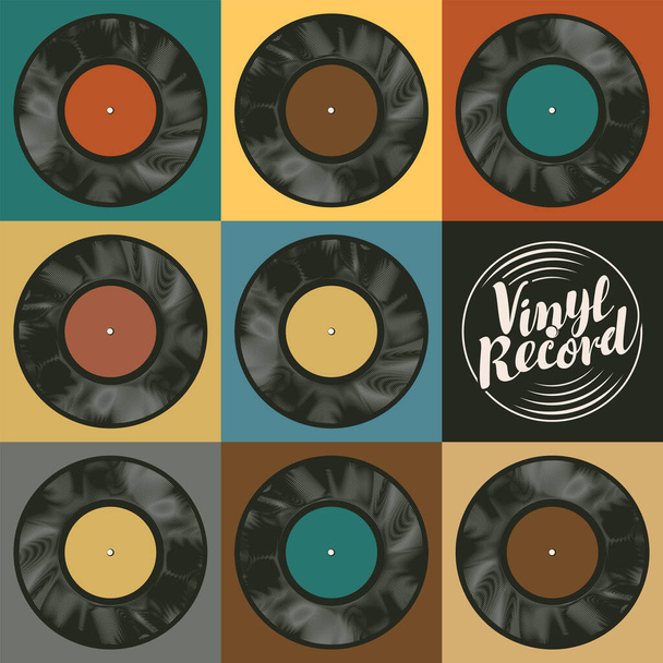 vintage vector banner with different old vinyl records and logo in disco style. music poster with record player and calligraphic lettering in retro style. Music collection - Wektor, obraz