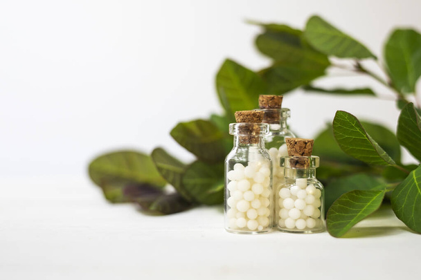 Homeopaattiset pallot pienissä lasipulloissa luonnollisten vihreiden lehtien taustalla. Sivunäkymä, tilaa tekstille. - Valokuva, kuva