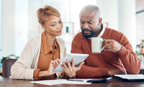 Bills, couple and digital tablet with home finance on internet banking for mortgage loan, insurance or bank investment. Finance, black man or woman planning future security tax budget online in house. - Photo, Image
