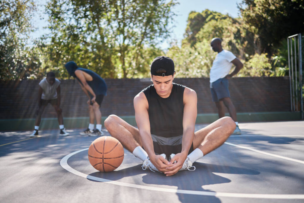 Basketball, man and meditation with yoga, zen and calm mindset before training, exercise or game outdoor. Fitness, workout and wellness young gen z basketball player spiritual and meditate on court. - Photo, image