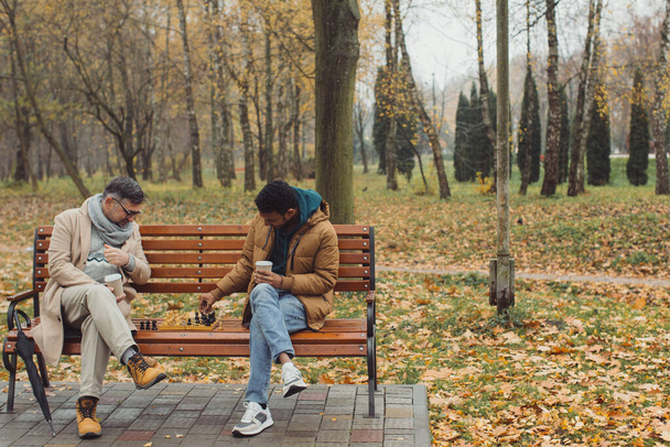 Friends play chess on a bench in an autumn park. Multicultural friendship of people of different age - Zdjęcie, obraz