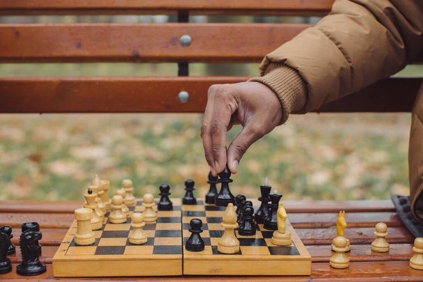 Des hommes multiethniques jouant aux échecs dans un parc d'automne sur un banc. Photo en gros plan. - Photo, image