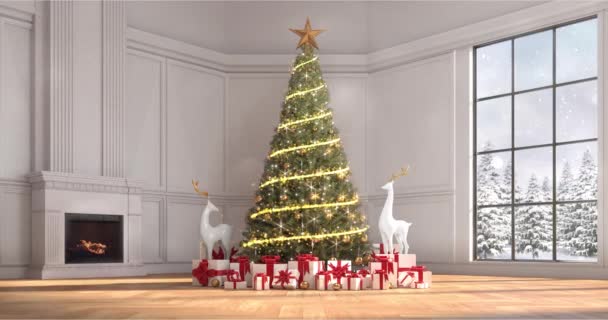  Glitzernder Weihnachtsbaum mit blinkenden Lichtern und vielen Geschenken im Haus mit Kaminfeuer bei Tageslicht und winterlicher Schneelandschaft hinter dem Fenster. - Filmmaterial, Video