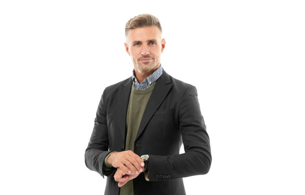 mature guy has great style with watch isolated on white background. mature guy in jacket. studio shot of mature guy. good looking mature guy. - Zdjęcie, obraz