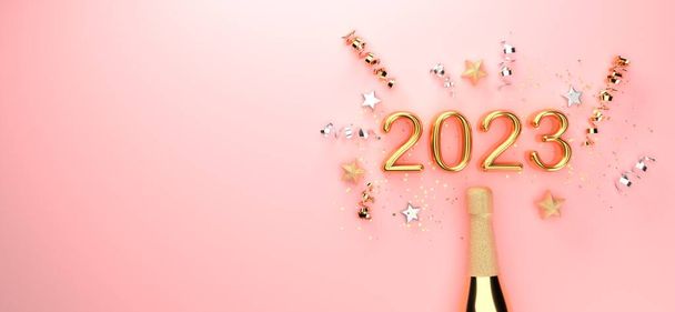 New Year 2023 celebration theme with a champagne bottle with confetti - 3D render - Fotó, kép